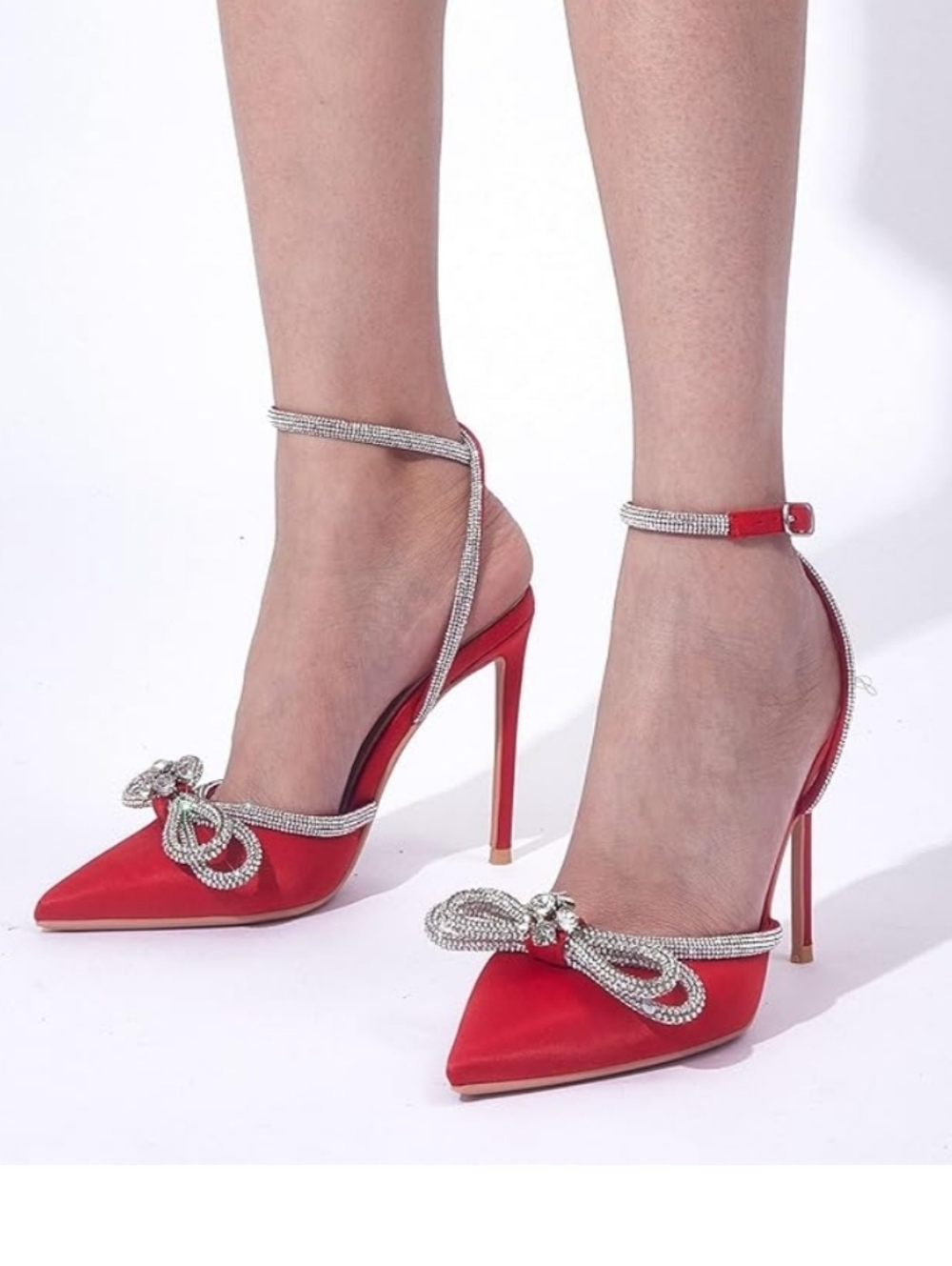 Red Satin Silver Rhinestone Bowknot Pointed Toe Stelleto Heels